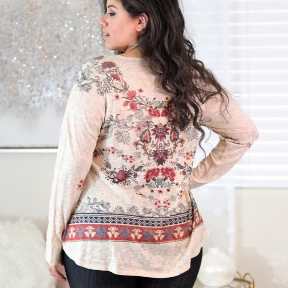 Vocal Plus Size Oatmeal Crystal Floral Tunic Top - Picture 2 of 2